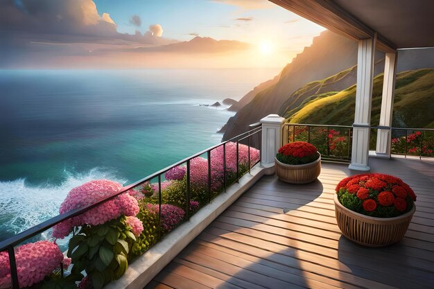 Veranda with a few flower by the sea above the cliff