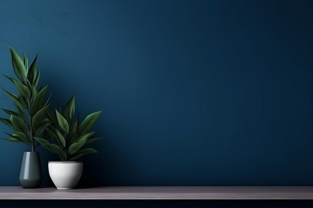 Verander uw ruimte met een foto mockup muur met een donkerblauwe wand plank en een prachtige plant