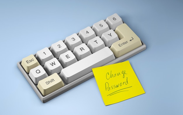 Verander wachtwoord. Toetsenbord met letters qwerty en gele kantoorsticker op een blauwe achtergrond. 3D render.