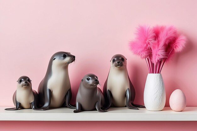 Foto verba wilg bont zeehonden in een vaas op een roze muur achtergrond en op een witte plank huis licht decor valentijnsdag pasen moedersdag achtergrond
