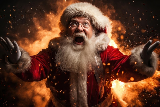 Verbaasd beeld van de Kerstman achter wie er een ontploffing van vuur is