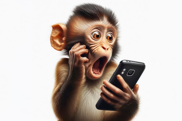 verbaasde aap die op een mobiele telefoon praat op een witte achtergrond