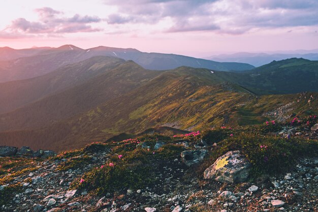 Verbazingwekkend berglandschap met kleurrijke levendige zonsondergang op de bewolkte hemel, natuurlijke buiten reizen achtergrond. Schoonheid wereld.