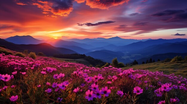 Verbazingwekkend berglandschap met kleurrijke levendige zonsondergang zonsondergang in de zomer bergen