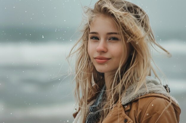 Foto verbazingwekkend blond meisje poseert voor foto's op het strand in een regenachtige ochtend