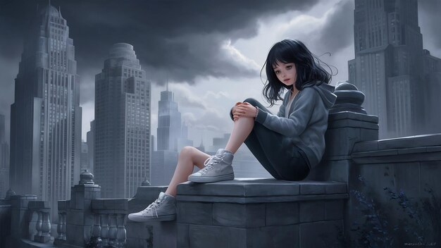 Verbazingwekkend donkerharig meisje in witte sneakers zit op een stenen parapet met bewolkte hemel en wolkenkrabber