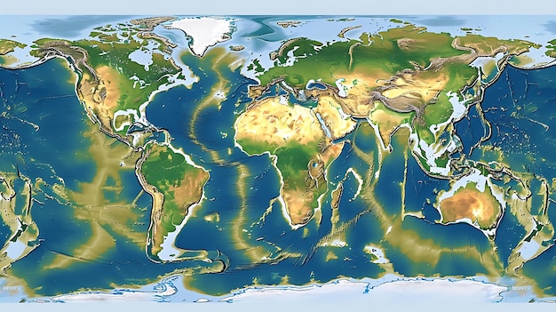 Foto verbazingwekkend gedetailleerde realistische fysieke wereldkaart je kunt de hoogte van het land en de diepte van de oceaan zien