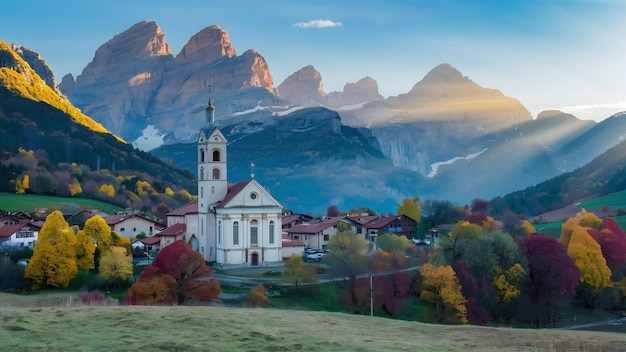 Verbazingwekkend herfstlandschap in het dorp Santa Maddalena met kerk kleurrijke bomen en weiden onder risi