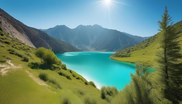 Verbazingwekkend mooi natuurlandschap van een bergmeer met een turquoise sprankelend wateroppervlak sur