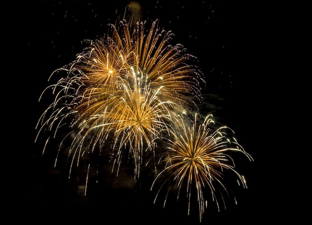 Verbazingwekkend mooi vuurwerk op zwarte achtergrond voor vieringsverjaardag prettige kerstavond en gelukkig nieuwjaar