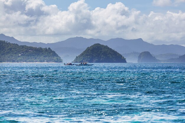 Verbazingwekkend schilderachtig uitzicht op zeebaai en bergeilanden, Palawan, Filippijnen