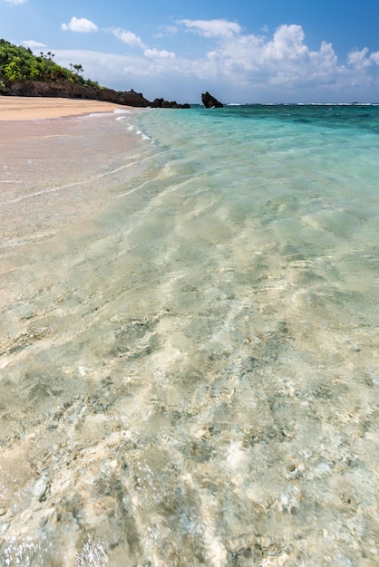 Foto verbazingwekkend turkoois kristalhelder zeewater op een paradijselijk strand op een zonnige dag