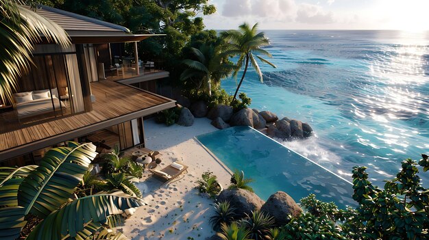 Verbazingwekkend uitzicht op een modern strandhuis met een infinity pool en palmbomen