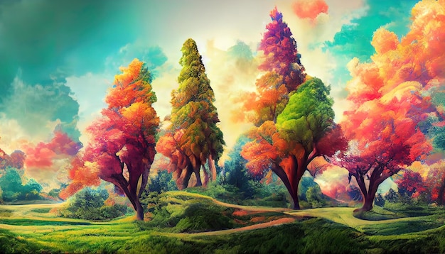 Verbazingwekkende 3D-muurschilderingbehang voor canvas voor frames digitale afbeelding zoals de indruk van het tekenen van een kleurrijk boom digitaal landschap Generative Ai