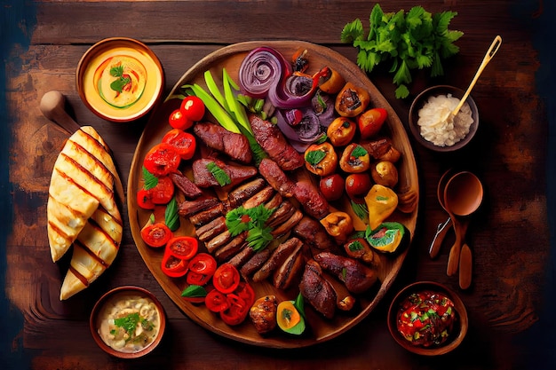 Verbazingwekkende Arabische of mediterrane eettafel uit het Midden-Oosten met gegrilde lamskebab Generative Ai