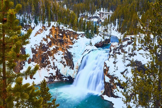 Verbazingwekkende blauwe en vredige waterval bij besneeuwde kliffen en pijnbomen in Yellowstone