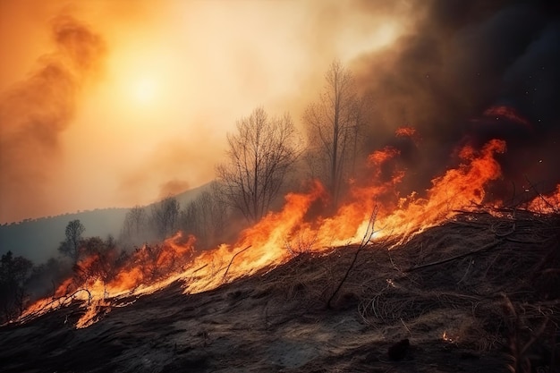 Verbazingwekkende ecologische ramp vertegenwoordigd door een uitgebreide woedende bosbrand Generatieve AI