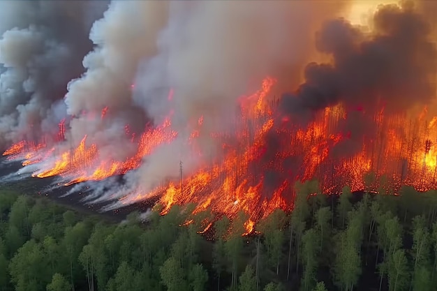 Verbazingwekkende ecologische ramp vertegenwoordigd door een uitgebreide woedende bosbrand Generatieve AI