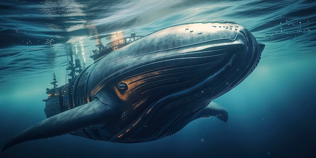 Verbazingwekkende fotografie van een cyborg Walvis in de oceaanzee futuristische robotimplantaten