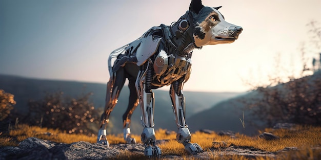 Verbazingwekkende fotografie van een cyborghond in de natuur futuristische robotimplantaten