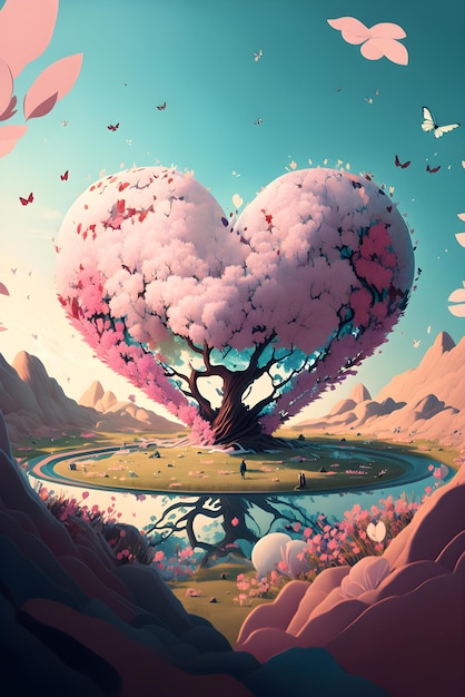 Verbazingwekkende hartvorm bloesem boom in vallei cartoon stijl illustratie