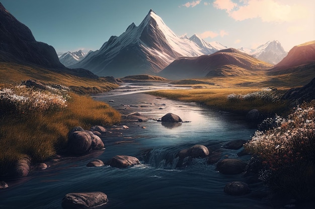 Verbazingwekkende landschappen met uitzicht op de rivier en de grote berg bij zonsopgang Gemaakt met generatieve AI-technologie