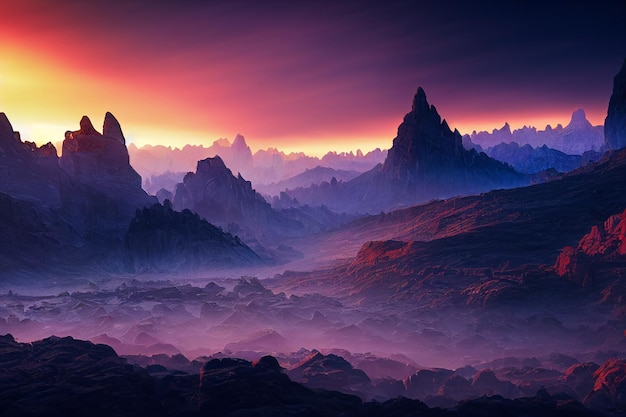 Verbazingwekkende landschappen uitzicht op de berg met gouden uur op zonsopgang ochtend 2D illustratie