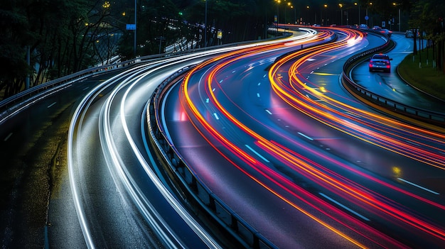 Verbazingwekkende lange belichting opname van een gebogen weg's nachts