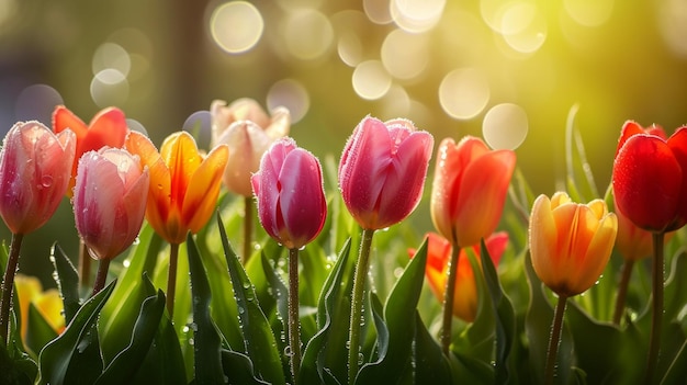 Verbazingwekkende lente bloemen achtergrond verschillende tulpen bloemen met dauw op hen hyper realistisch