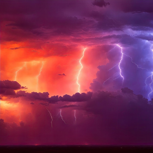 Foto verbazingwekkende onweersbui in oranje licht en donkere wolken in de lucht weer achtergrondbanner