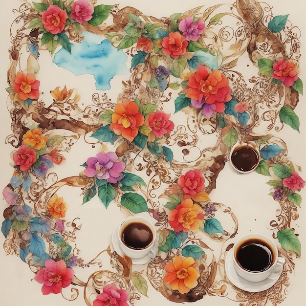 verbazingwekkende veelkleurige mysterieuze paradijs koffieboon kopje kleurrijke verf op papier HD aquarel afbeelding