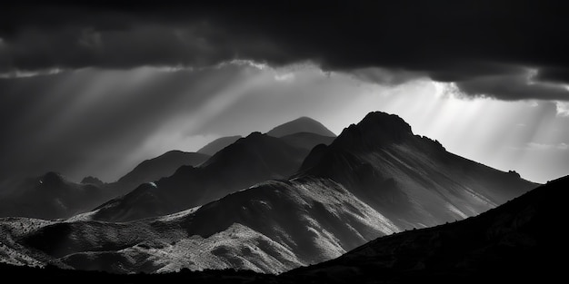 Verbazingwekkende zwart-witfoto's van prachtige bergen en heuvels met donkere hemel