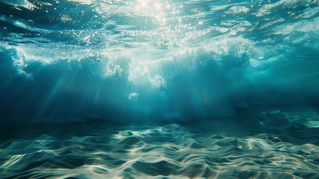 Foto verbeelden een onderwater perspectief van golven van onder de oppervlakte benadrukken de dans van licht en schaduw als het water beweegt het aanbieden van een uniek uitzicht op de oceaan energie