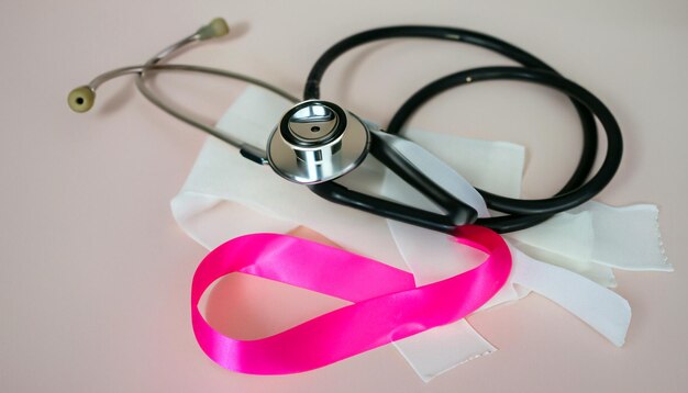 Foto verbetering van de gezondheidszorg pink ribbon en zwarte stethoscoop op gips omarm de reis naar welzijn