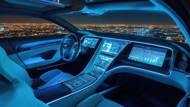 Verbetering van de productiviteit bij het werken op afstand met hightech interactieve schermen in het interieur van auto's voor werk en ent