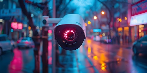 Foto verbetering van de veiligheid op de straten van de stad met cctv-camera's en gezichtsherkenningstechnologie concept bewakingstechnologie misdaadpreventie gezichtsherkenningen veiligheidsmaatregelen voor stedelijke veiligheid