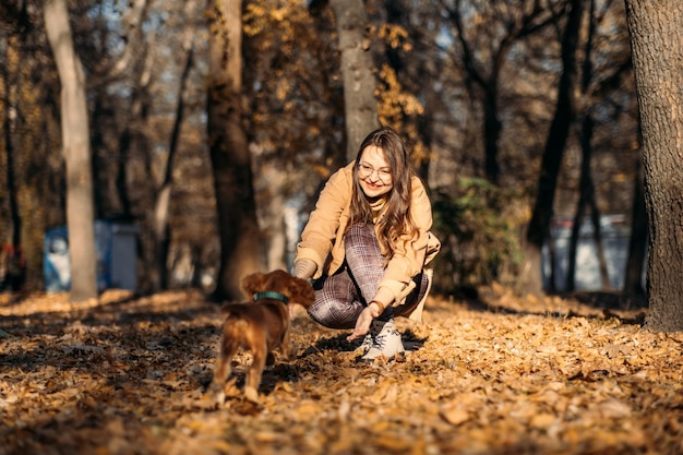 Verbetering van het immuunsysteem van honden stimuleert het immuunsysteem van puppy's gelukkige vrouw die met cocker-spaniëlpuppy loopt