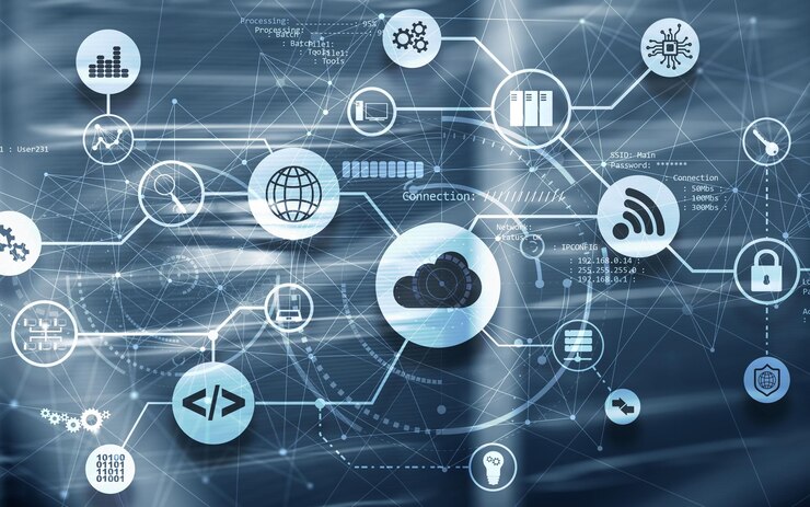 Verbinding Netwerkillustratie Projectafbeeldingen op virtueel scherm Datacenter Cloud Computing