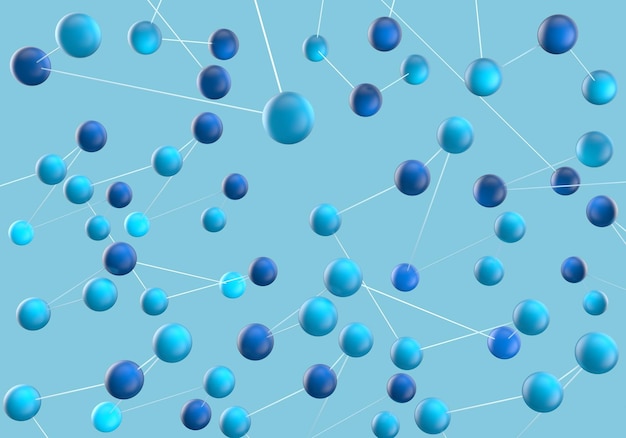 Verbindingsatomen op blauwe achtergronddeeltjes vliegen 3D-rendering