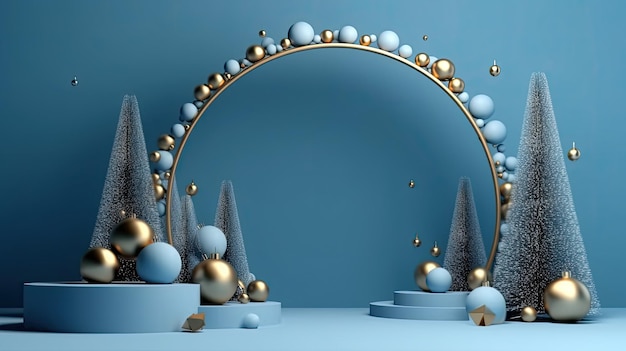 Verbluffende 3D-rendering van blauw podium met gouden boog kerstboom decoraties AI gegenereerd