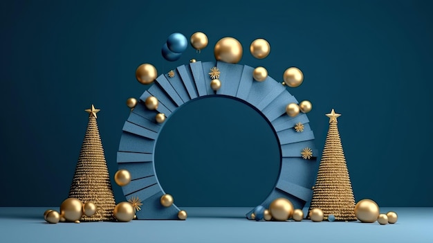 Verbluffende 3D-rendering van blauw podium met gouden boog kerstboom decoraties AI gegenereerd