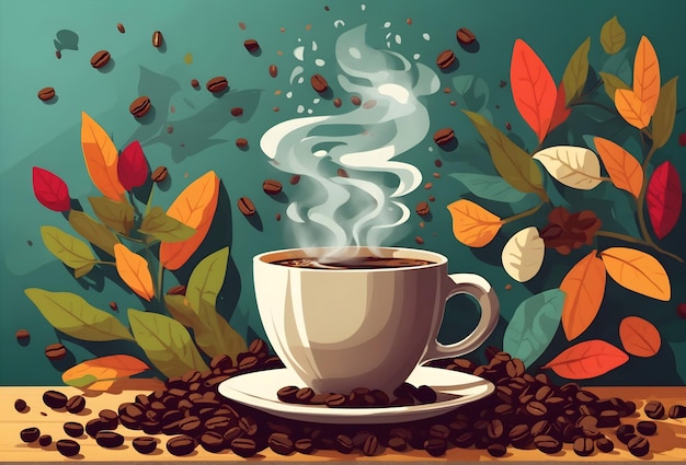 verbluffende achtergrondillustratie van een dampende kop koffie omringd door weelderige koffiebonen