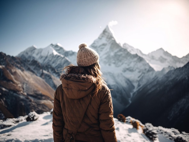 Verbluffende Arafed-vrouw starend naar majestueuze besneeuwde bergtop, mogelijk gemaakt door generatieve AI