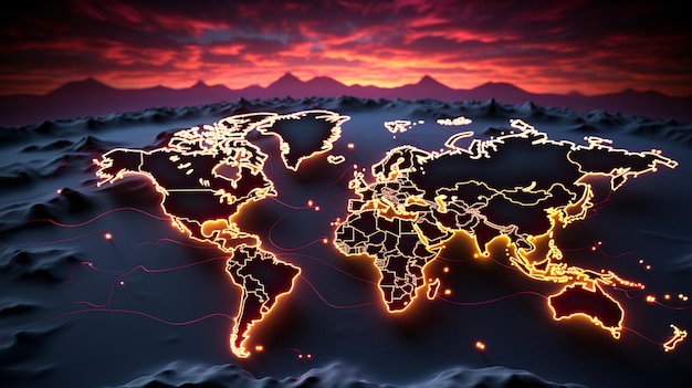 Verbluffende luchtfoto van de wereldkaart verlicht met gloeiende lichten verbeterd door generatieve AI