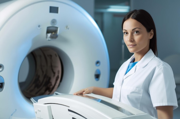 Verbluffende medisch technoloog in een laboratoriumjas die zorgvuldig een hightech MRI-machine bedient