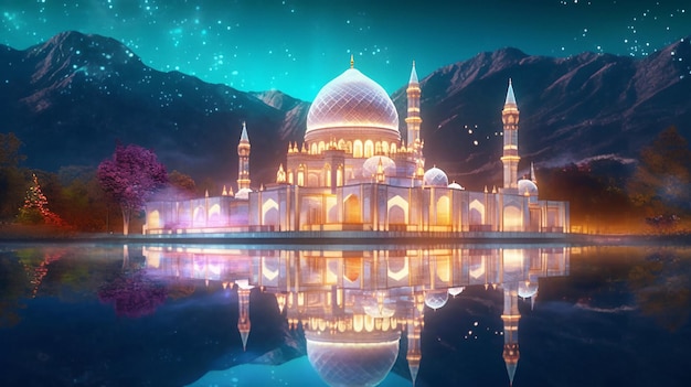 Verbluffende reflectie van een prachtige moskee in serene wateren Generative AI Enhanced Stock Image