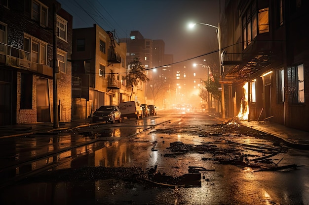 Verbrande stadsstraat 's nachts met felle lichten op de achtergrond gemaakt met generatieve ai