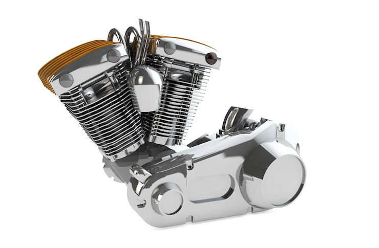Foto verchroomde motorfiets motor op een witte achtergrond 3d render