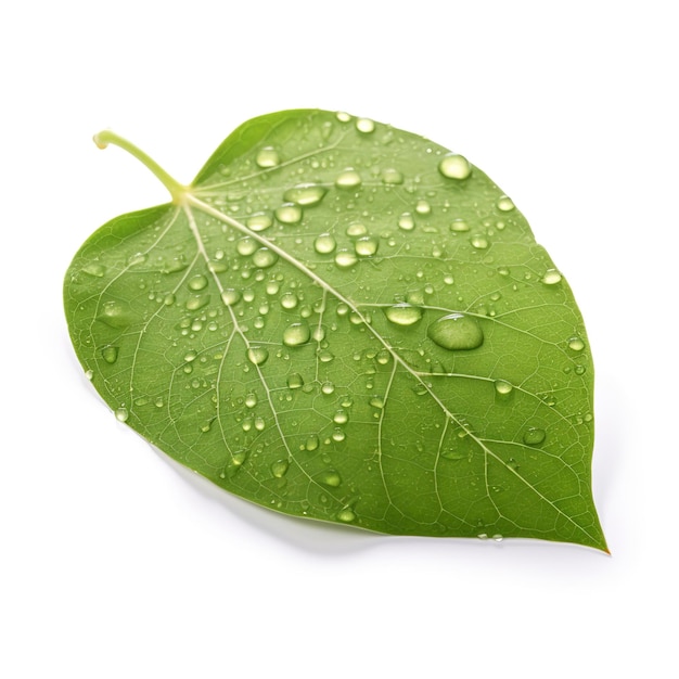 Beautiful green leaf with water drops with blank white background on Craiyon