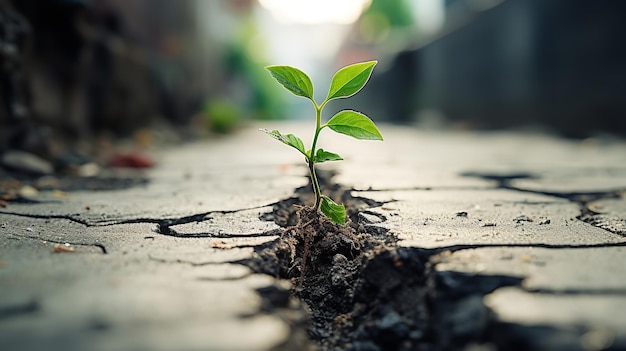 A verdant plant thriving within the fissured concrete sidewalk symbolizing hope Generative AI